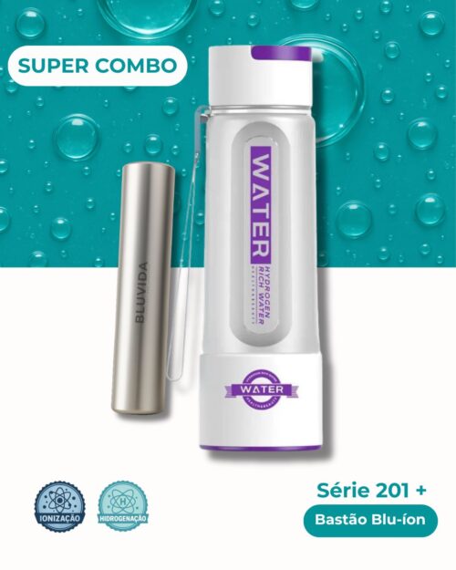 Garrafa de Hidrogênio Molecular H.W. Série 201 em Tritan ao lado do Bastão Blu-Íon da Bluvida, mostrando a combinação de hidrogenação e mineralização natural para produzir água antioxidante e revitalizante.