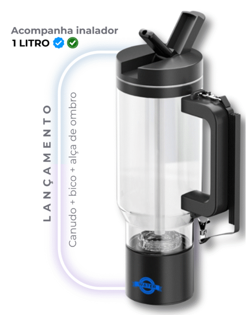 Garrafa de Hidrogênio Molecular Bluvida MAX 1L em Tritan, com canudo, bico, alça de ombro e inalador, projetada para gerar água antioxidante rica em hidrogênio molecular (H₂).