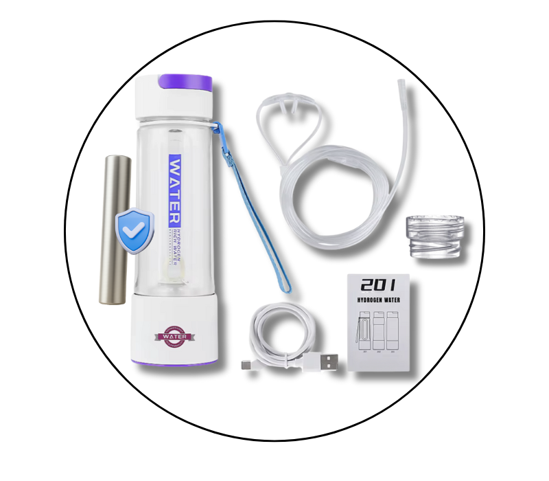 Combo Bluvida com garrafa geradora de hidrogênio molecular e bastão Blu-Íon, mostrando os acessórios completos para hidratação antioxidante e mineralização da água.